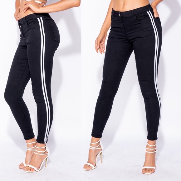 Black Side Stripe High Waist Jeggings - Picture 5 of 6